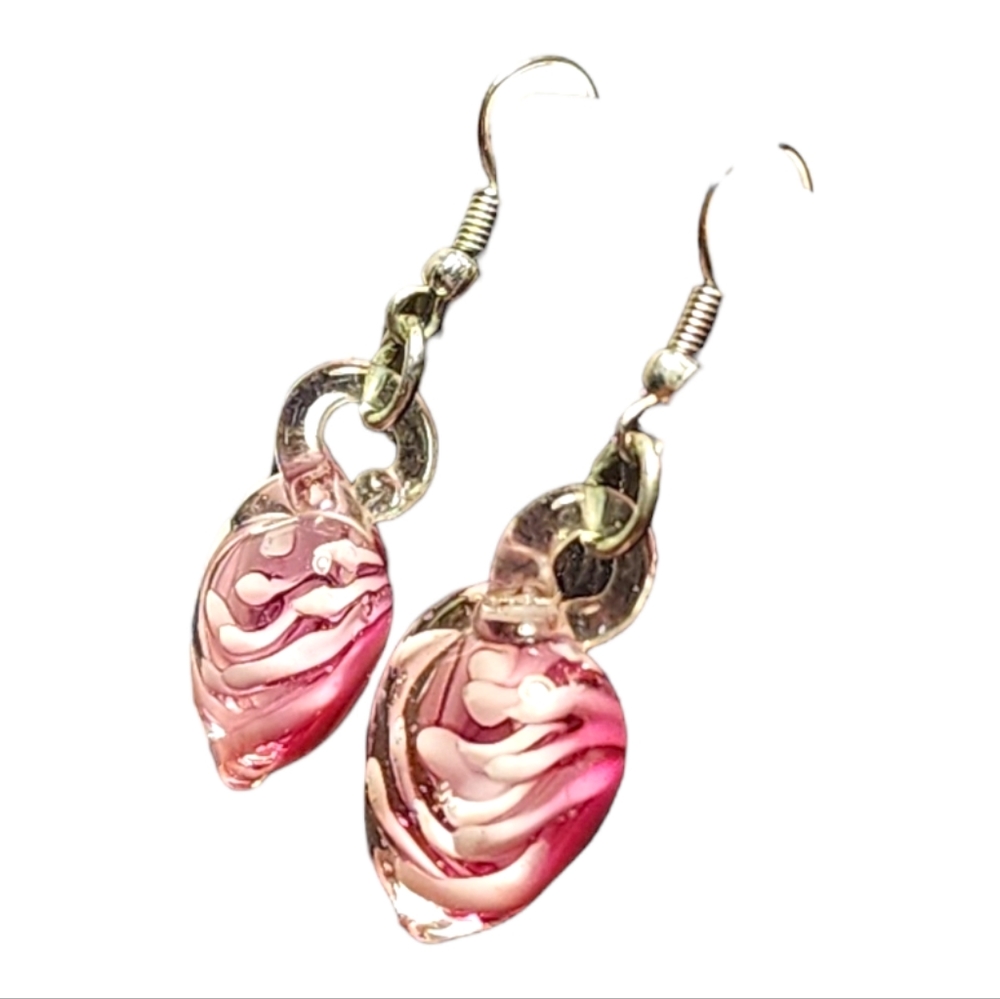 Pink and White Glass Heart Dangle Earrings Valentine's - Picture 2 of 2